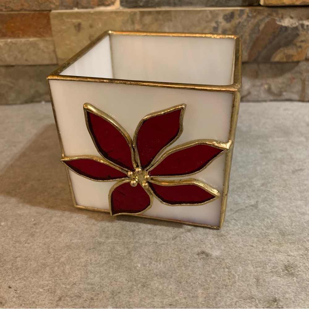 Dillards Trimmings Square Votive Holder Stained Glass Poinsettia Christmas